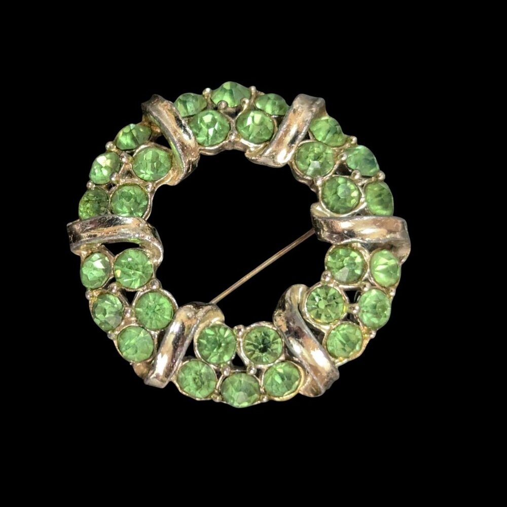 Vintage Green Rhinestone Wreath Brooch Pin Sparkle  Jewelry Estate Retro‎